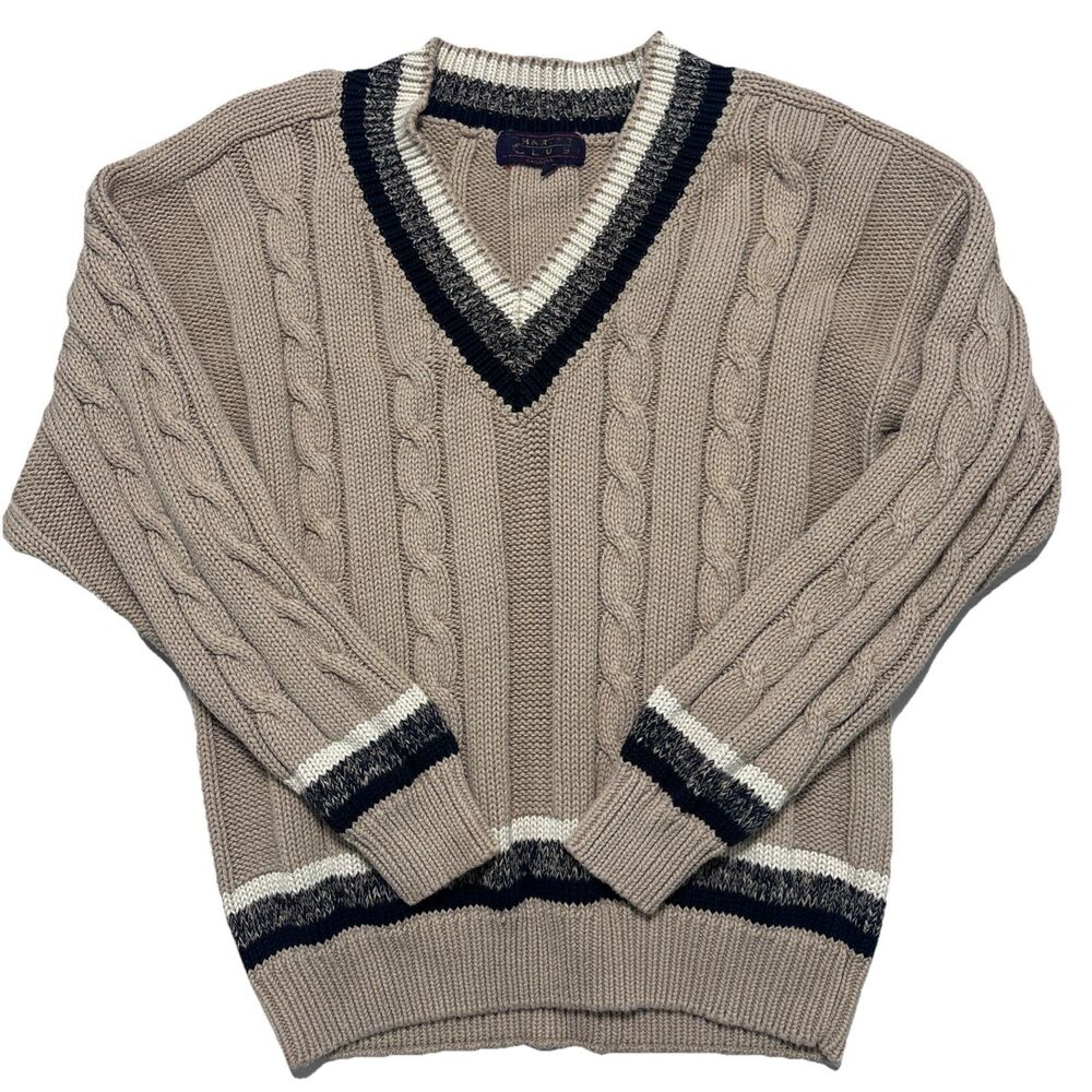Hart Club Cable Knit V-Neck Sweater Tan Preppy Varsity Grandpa Size M